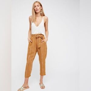 Free People Paperbag Waist Striped Mustard Pants Flattering Boho Size 6